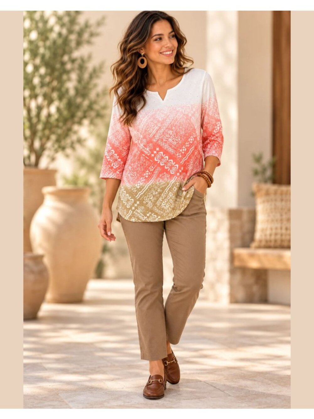 Southern Lady Womens M Ombre Tunic Top Coral Tan Geometric 3/4 Sleeve